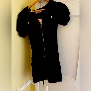 Juicy Couture S black velour hooded romper with gold accents